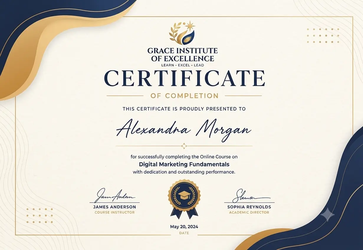 Grace Institute of Excellence Certificate of Completion